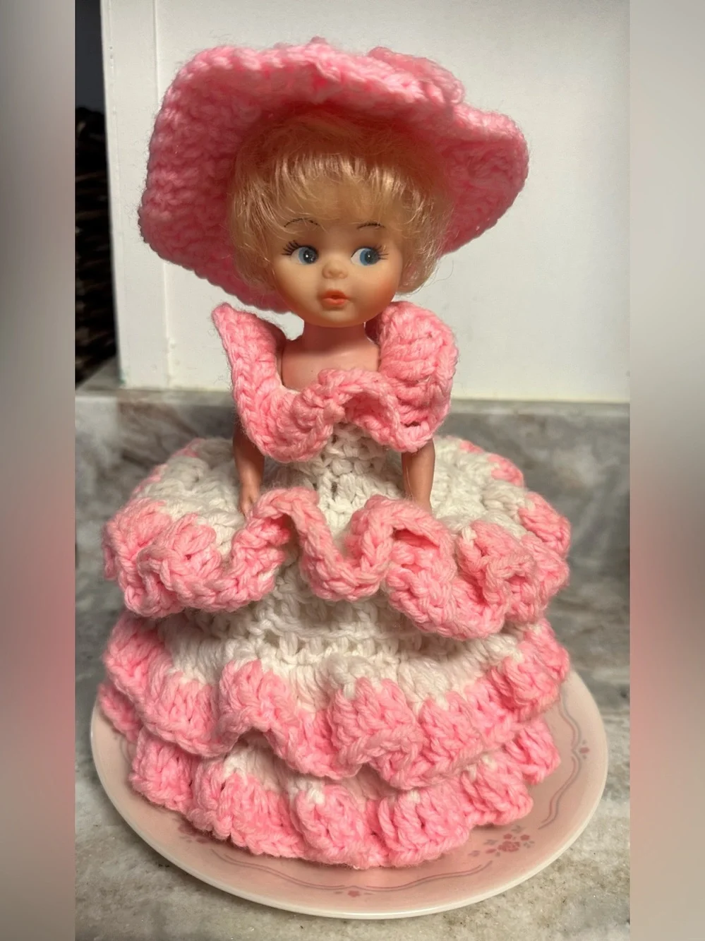 Vintage Pink and Cream Crochet Doll Bath Accessory